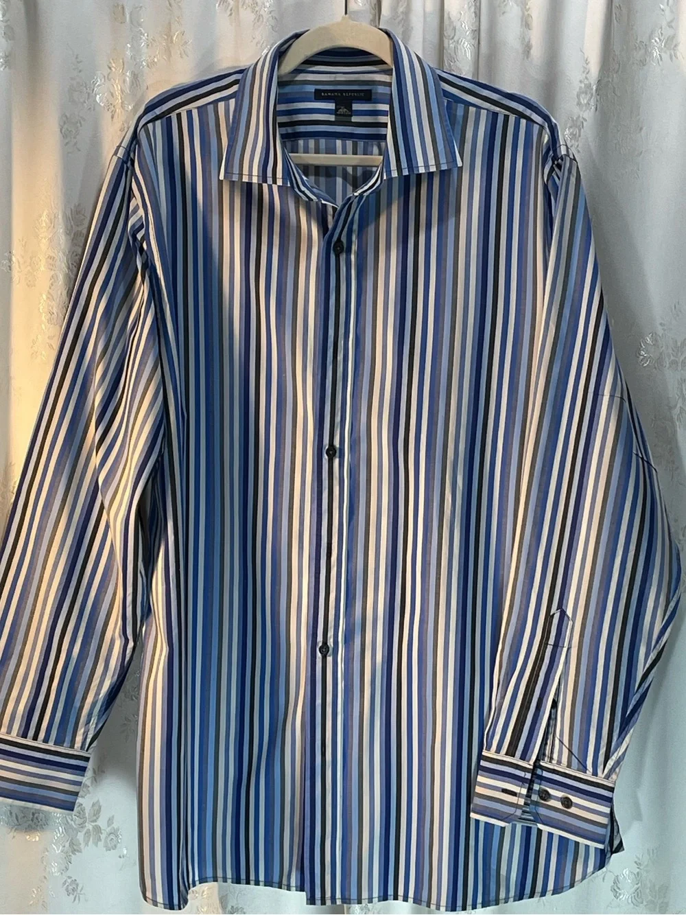 Banana Republic Blue, White and Navy Vertical Stripe Dress Shirt